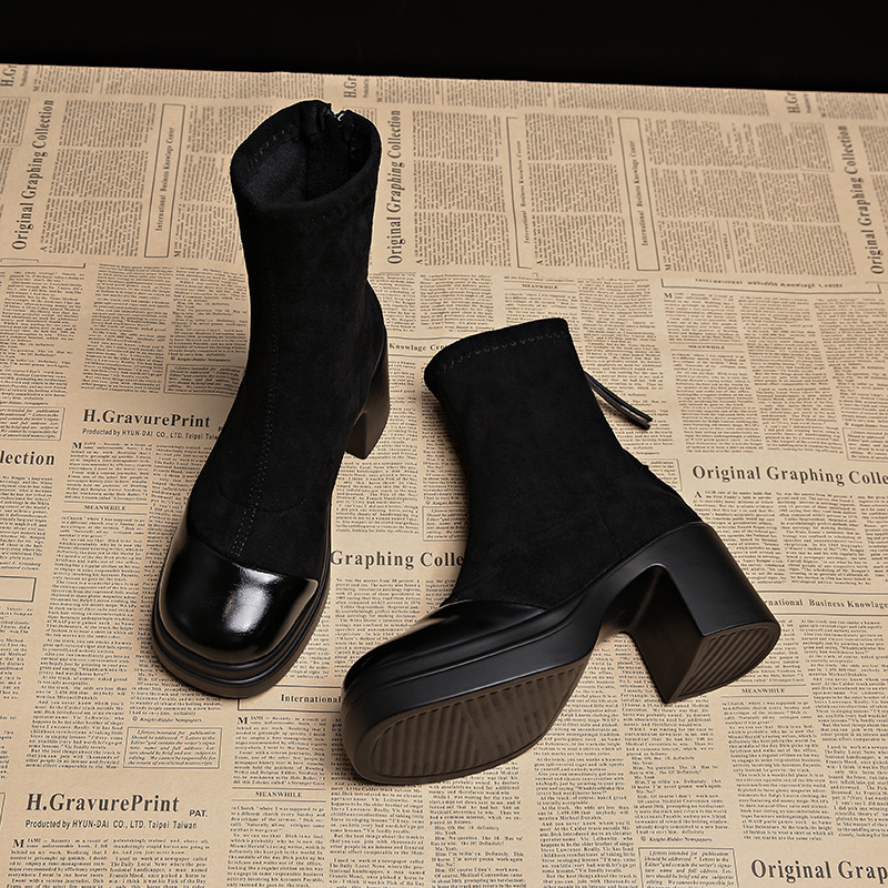 Cizme subțiri pentru femei 2024 primăvara și toamna nou stil coreean cizme mici la gleznă toamna și iarna pantofi pentru femei întoarsă cizme elastice în piele cizme la gleznă cu toc înalt