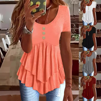 2025 Noua rochie Amazon transfrontalieră europeană și americană pentru femei, modă cu trei nasturi, casual, culoare solidă, cu mânecă scurtă, top