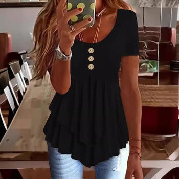 2025 Noua rochie Amazon transfrontalieră europeană și americană pentru femei, modă cu trei nasturi, casual, culoare solidă, cu mânecă scurtă, top