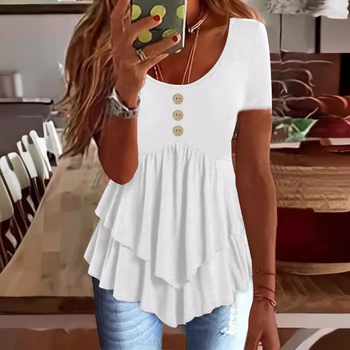 2025 Noua rochie Amazon transfrontalieră europeană și americană pentru femei, modă cu trei nasturi, casual, culoare solidă, cu mânecă scurtă, top