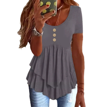 2025 Noua rochie Amazon transfrontalieră europeană și americană pentru femei, modă cu trei nasturi, casual, culoare solidă, cu mânecă scurtă, top