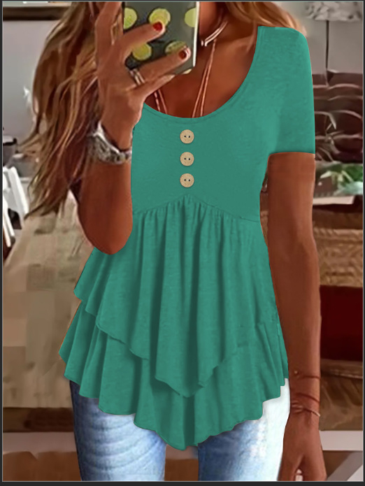 2025 Noua rochie Amazon transfrontalieră europeană și americană pentru femei, modă cu trei nasturi, casual, culoare solidă, cu mânecă scurtă, top