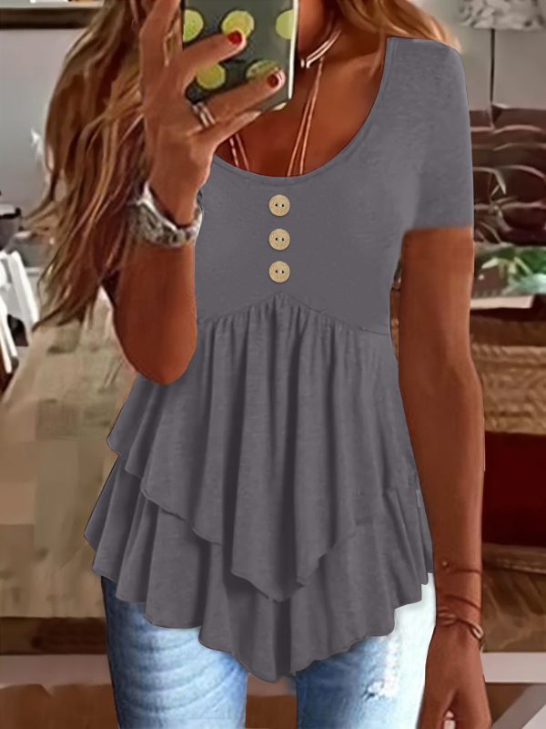 2025 Noua rochie Amazon transfrontalieră europeană și americană pentru femei, modă cu trei nasturi, casual, culoare solidă, cu mânecă scurtă, top