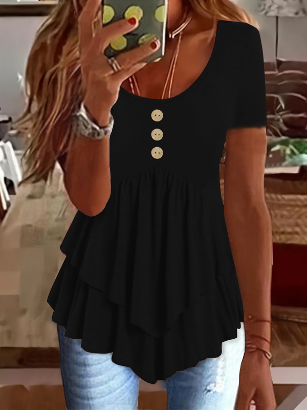 2025 Noua rochie Amazon transfrontalieră europeană și americană pentru femei, modă cu trei nasturi, casual, culoare solidă, cu mânecă scurtă, top