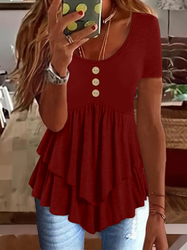 2025 Noua rochie Amazon transfrontalieră europeană și americană pentru femei, modă cu trei nasturi, casual, culoare solidă, cu mânecă scurtă, top