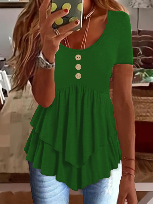 2025 Noua rochie Amazon transfrontalieră europeană și americană pentru femei, modă cu trei nasturi, casual, culoare solidă, cu mânecă scurtă, top