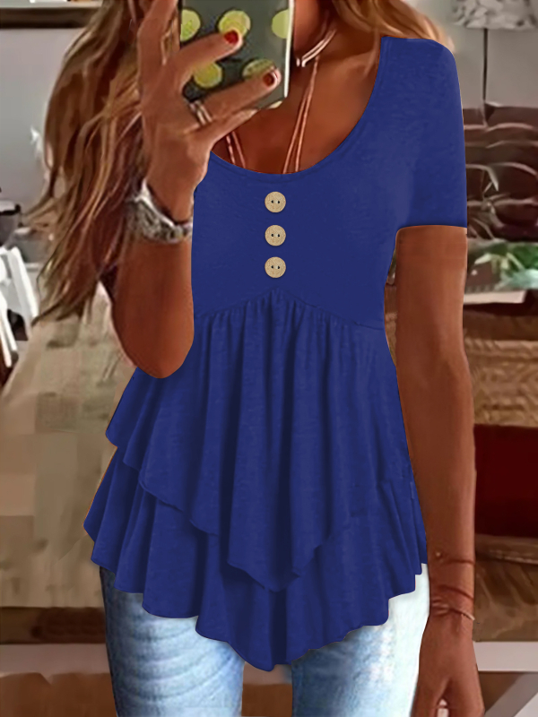 2025 Noua rochie Amazon transfrontalieră europeană și americană pentru femei, modă cu trei nasturi, casual, culoare solidă, cu mânecă scurtă, top