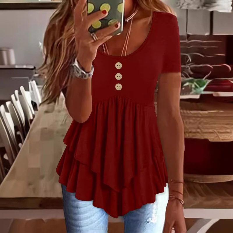 2025 Noua rochie Amazon transfrontalieră europeană și americană pentru femei, modă cu trei nasturi, casual, culoare solidă, cu mânecă scurtă, top