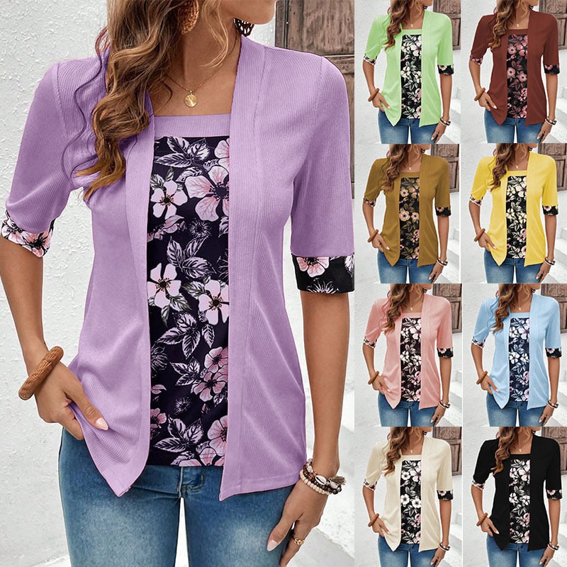202 Vară nouă Îmbrăcăminte transfrontalieră europeană și americană Amazon Fake Tricou din două piese cu mânecă cinci sferturi imprimat pentru femei Tricou de top
