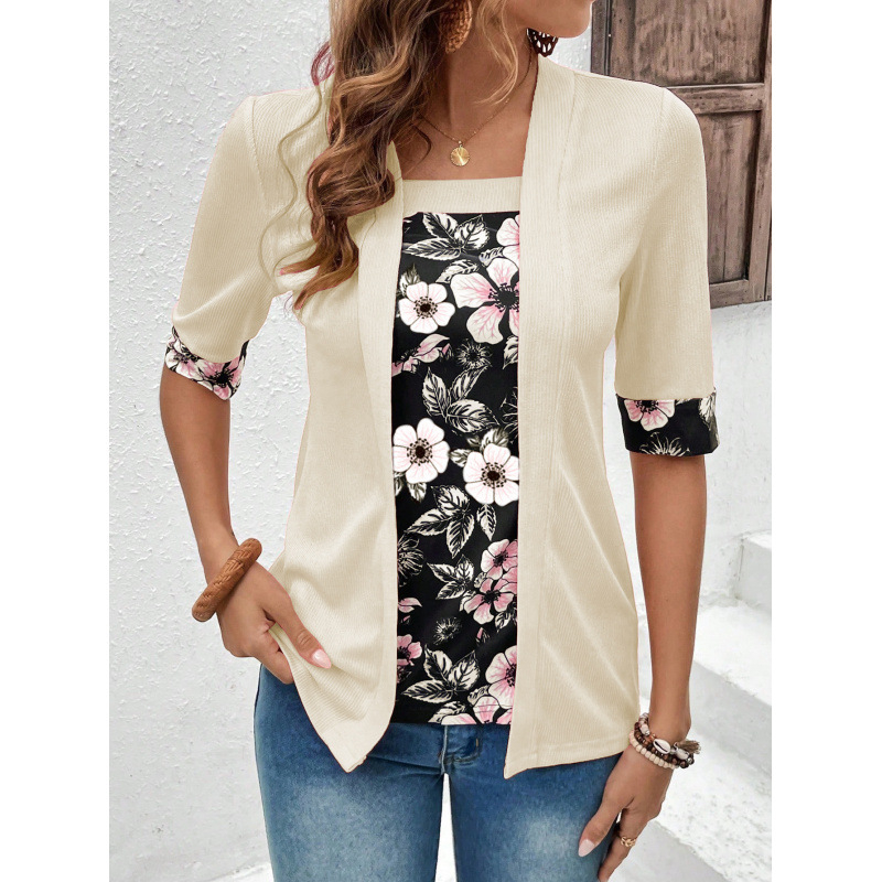 202 Vasaros Nauji Tarpvalstybiniai Europos ir Amerikos Drabužiai „Amazon“ Padirbti Dviejų Dalių Penkių Ketvirčių Rankovių Marginti Moteriški Viršutiniai Marškinėliai