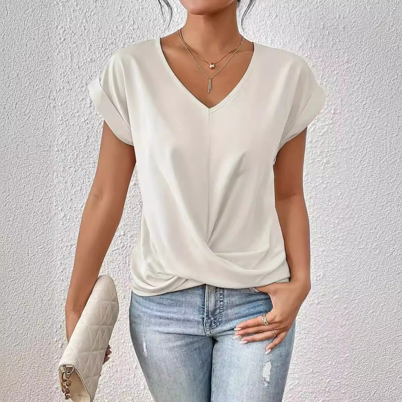 2024 Amazon Cross-border Explosions Jednofarebné tričko s výstrihom do V, elegantný top s krátkym rukávom, jarné a letné dámske oblečenie