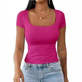 Külkereskedelmi 2025 nyári U-nyakú póló női új, egyszerű, lezser, sokoldalú, divatos pulóver, vékony, rövid ujjú női