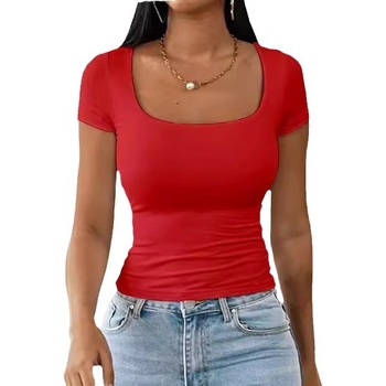 Külkereskedelmi 2025 nyári U-nyakú póló női új, egyszerű, lezser, sokoldalú, divatos pulóver, vékony, rövid ujjú női