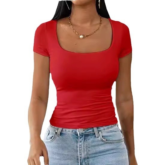 Külkereskedelmi 2025 nyári U-nyakú póló női új, egyszerű, lezser, sokoldalú, divatos pulóver, vékony, rövid ujjú női