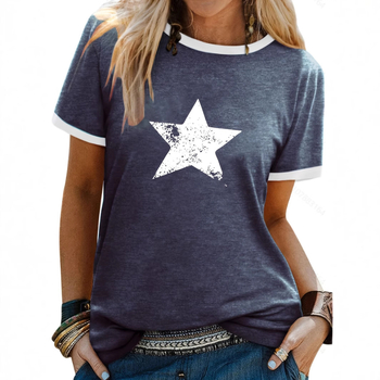 Stil casual 2025 Vara femeilor Noua modă europeană și americană Personalitate Trend Imprimat Guler rotund Tricou Cross Border cu stea cu cinci colțuri