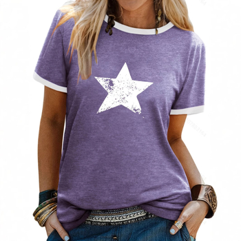 Stil casual 2025 Vara femeilor Noua modă europeană și americană Personalitate Trend Imprimat Guler rotund Tricou Cross Border cu stea cu cinci colțuri