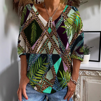 2022 Comerț exterior transfrontalier nou femei casual cu guler în V cu mânecă lungă pulover lejer etnic imprimare digitală tricou pentru femei