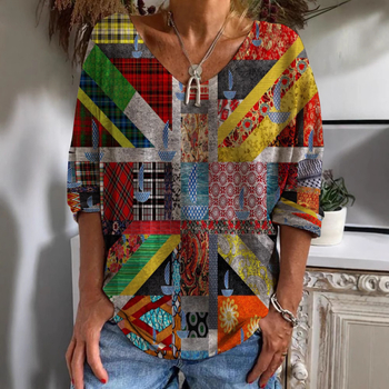 2022 Comerț exterior transfrontalier nou femei casual cu guler în V cu mânecă lungă pulover lejer etnic imprimare digitală tricou pentru femei