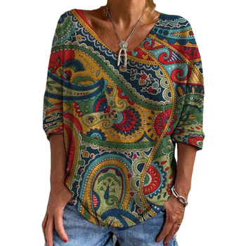 2022 Comerț exterior transfrontalier nou femei casual cu guler în V cu mânecă lungă pulover lejer etnic imprimare digitală tricou pentru femei