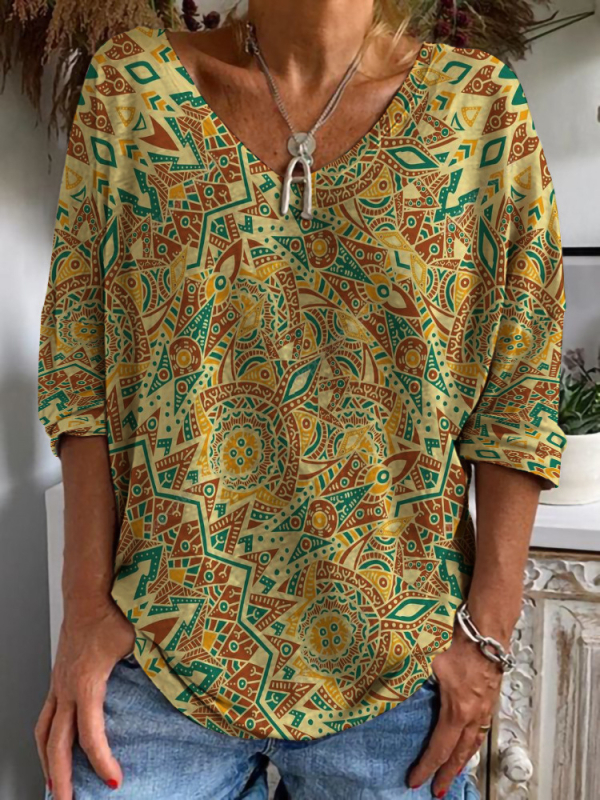 2022 Comerț exterior transfrontalier nou femei casual cu guler în V cu mânecă lungă pulover lejer etnic imprimare digitală tricou pentru femei