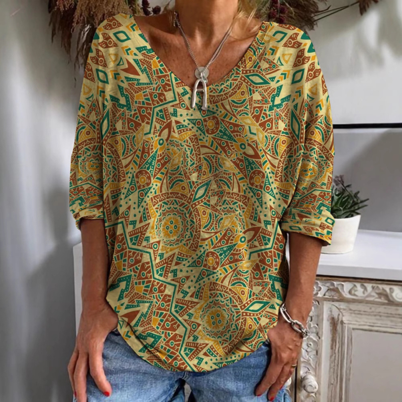 2022 Comerț exterior transfrontalier nou femei casual cu guler în V cu mânecă lungă pulover lejer etnic imprimare digitală tricou pentru femei
