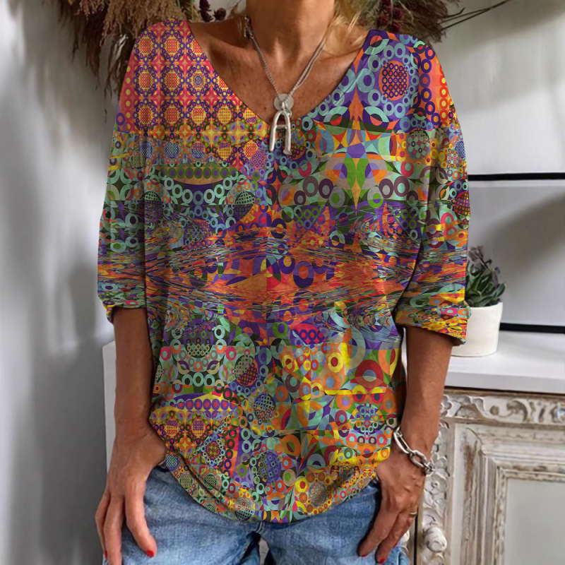 2022 Comerț exterior transfrontalier nou femei casual cu guler în V cu mânecă lungă pulover lejer etnic imprimare digitală tricou pentru femei