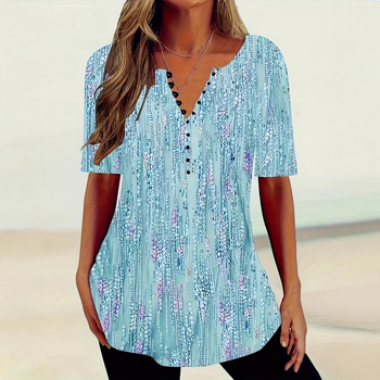 Tricou transfrontalier nou pentru doamne, cu decolteu în V și mânecă scurtă, cu nasturi, în stil gradient, 2024