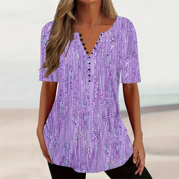 Tricou transfrontalier nou pentru doamne, cu decolteu în V și mânecă scurtă, cu nasturi, în stil gradient, 2024