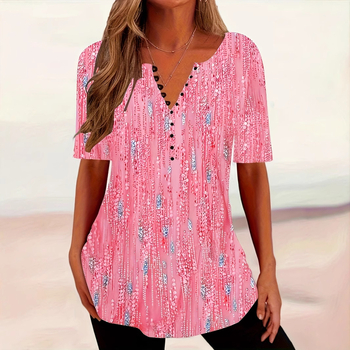 Tricou transfrontalier nou pentru doamne, cu decolteu în V și mânecă scurtă, cu nasturi, în stil gradient, 2024