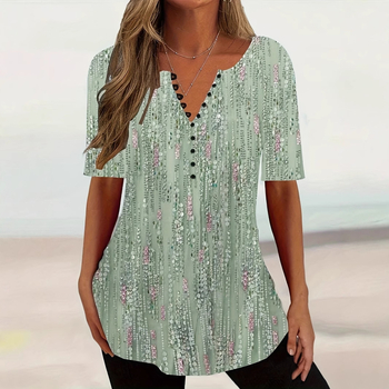 Tricou transfrontalier nou pentru doamne, cu decolteu în V și mânecă scurtă, cu nasturi, în stil gradient, 2024