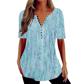 Tricou transfrontalier nou pentru doamne, cu decolteu în V și mânecă scurtă, cu nasturi, în stil gradient, 2024