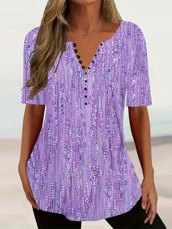 Tricou transfrontalier nou pentru doamne, cu decolteu în V și mânecă scurtă, cu nasturi, în stil gradient, 2024