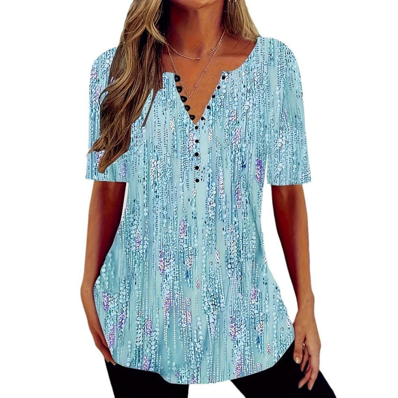 Tricou transfrontalier nou pentru doamne, cu decolteu în V și mânecă scurtă, cu nasturi, în stil gradient, 2024