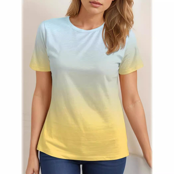 Tricou damă cu gradient de culoare, zi de zi, galben, albastru, portocaliu, imprimat, mânecă scurtă, guler rotund, versiune standard de vară