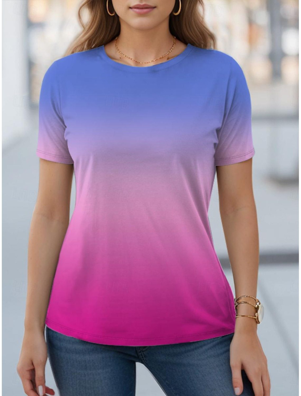 Tricou damă cu gradient de culoare, zi de zi, galben, albastru, portocaliu, imprimat, mânecă scurtă, guler rotund, versiune standard de vară