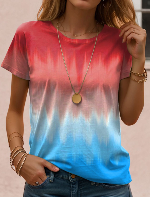 Tricou damă cu gradient de culoare, zi de zi, galben, albastru, portocaliu, imprimat, mânecă scurtă, guler rotund, versiune standard de vară