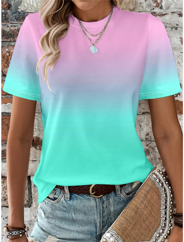 Tricou damă cu gradient de culoare, zi de zi, galben, albastru, portocaliu, imprimat, mânecă scurtă, guler rotund, versiune standard de vară