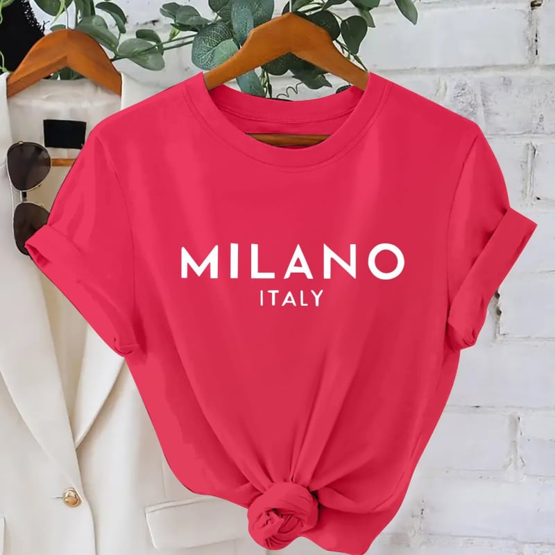 2025 m. Nauji moteriški amerikietiški ir europietiški marškinėliai trumpomis rankovėmis, „AliExpress“ krevečių rašto, „Amazon“ spausdinti, TEMU stiliaus.