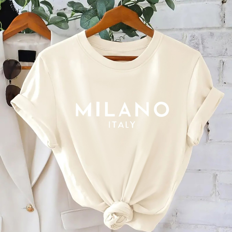 2025 m. Nauji moteriški amerikietiški ir europietiški marškinėliai trumpomis rankovėmis, „AliExpress“ krevečių rašto, „Amazon“ spausdinti, TEMU stiliaus.