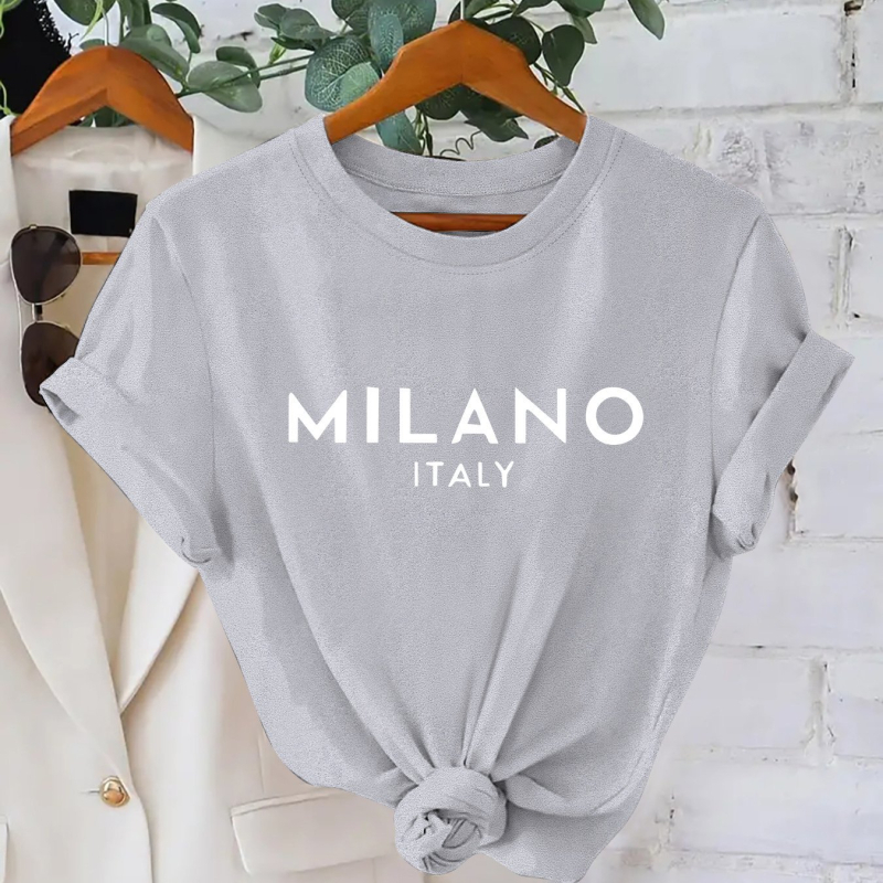 2025 m. Nauji moteriški amerikietiški ir europietiški marškinėliai trumpomis rankovėmis, „AliExpress“ krevečių rašto, „Amazon“ spausdinti, TEMU stiliaus.