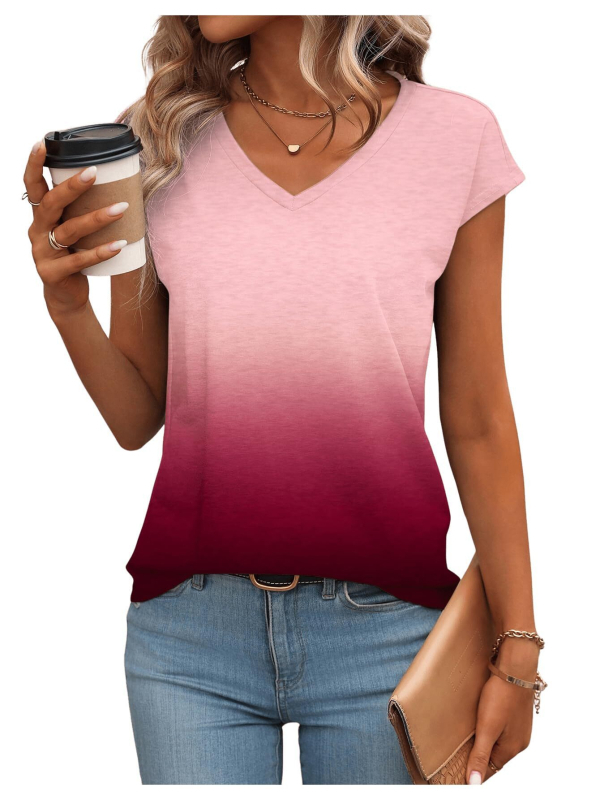 Tricou transfrontalier 2024, nou, Amazon, modă europeană și americană, cu gradient de culoare, pentru femei, cu mânecă scurtă și guler în V, WB14