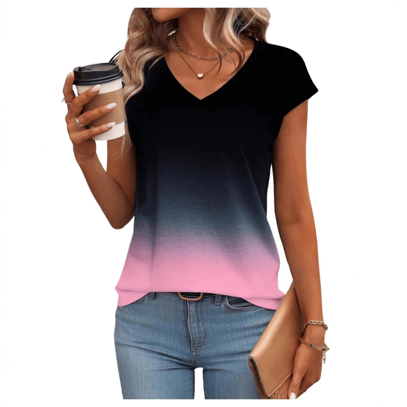 Tricou transfrontalier 2024, nou, Amazon, modă europeană și americană, cu gradient de culoare, pentru femei, cu mânecă scurtă și guler în V, WB14