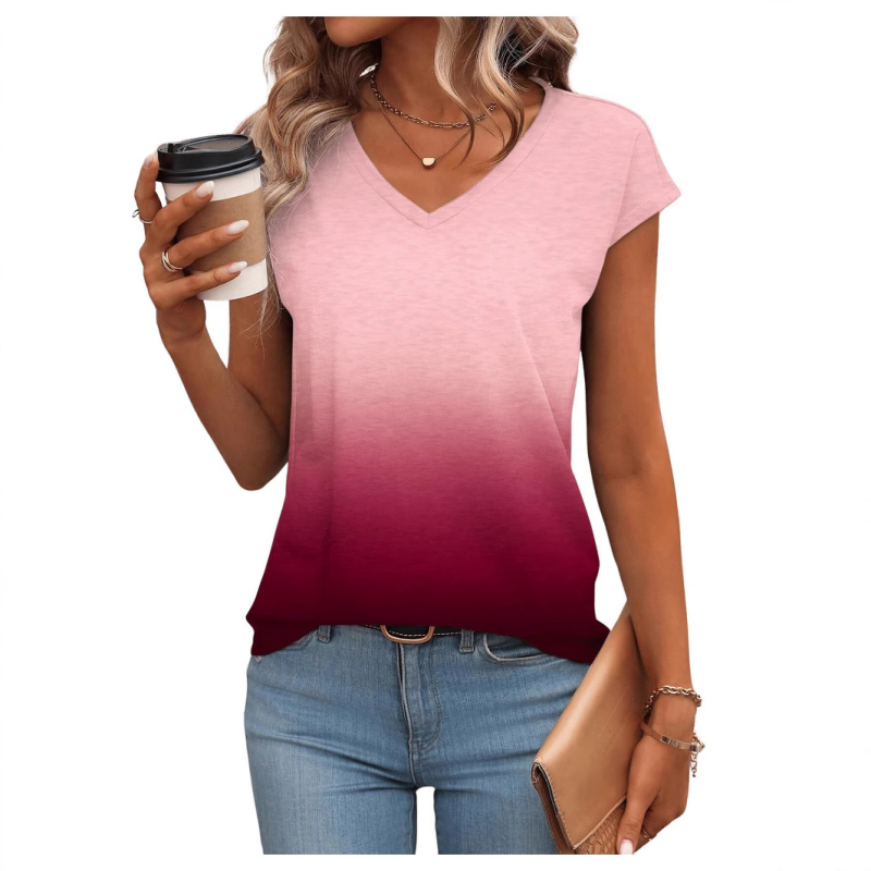 Tricou transfrontalier 2024, nou, Amazon, modă europeană și americană, cu gradient de culoare, pentru femei, cu mânecă scurtă și guler în V, WB14