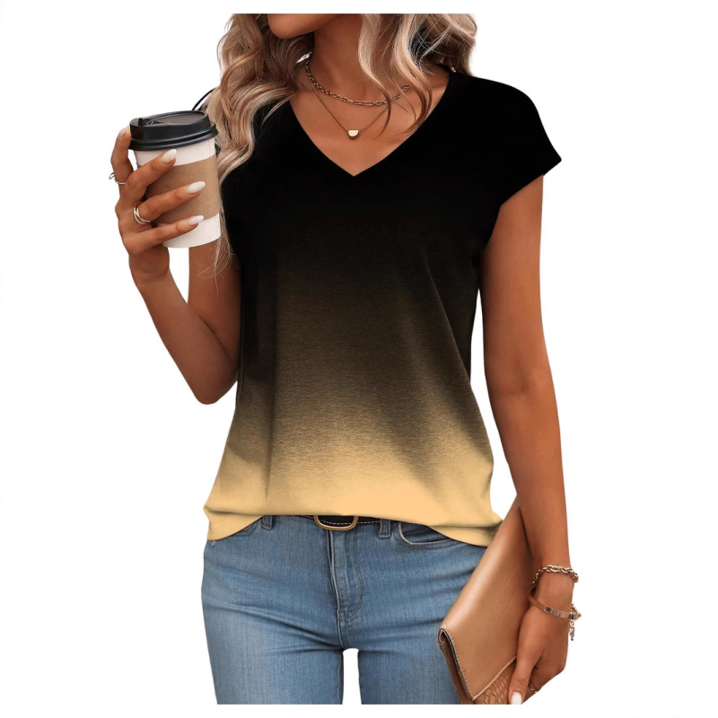 Tricou transfrontalier 2024, nou, Amazon, modă europeană și americană, cu gradient de culoare, pentru femei, cu mânecă scurtă și guler în V, WB14