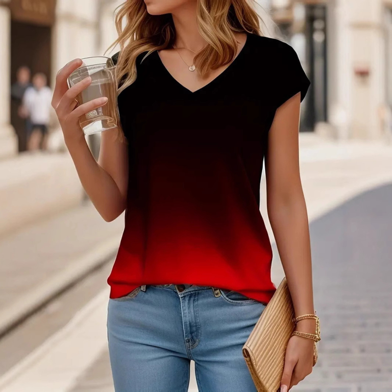 Tricou transfrontalier 2024, nou, Amazon, modă europeană și americană, cu gradient de culoare, pentru femei, cu mânecă scurtă și guler în V, WB14