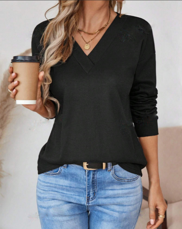 Amazon 2024 Primăvara și Toamna Comerț Exterior Transfrontalier Europa și Statele Unite Leisure Lejer Culoare Solidă Waffled V-Neck Tricou cu Mânecă Lungă pentru Femei