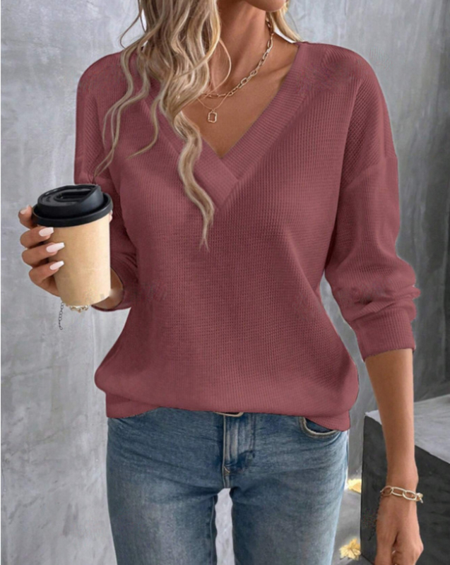 Amazon 2024 Primăvara și Toamna Comerț Exterior Transfrontalier Europa și Statele Unite Leisure Lejer Culoare Solidă Waffled V-Neck Tricou cu Mânecă Lungă pentru Femei