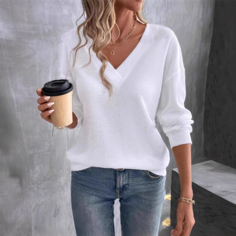 Amazon 2024 Primăvara și Toamna Comerț Exterior Transfrontalier Europa și Statele Unite Leisure Lejer Culoare Solidă Waffled V-Neck Tricou cu Mânecă Lungă pentru Femei