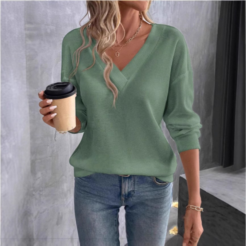 Amazon 2024 Primăvara și Toamna Comerț Exterior Transfrontalier Europa și Statele Unite Leisure Lejer Culoare Solidă Waffled V-Neck Tricou cu Mânecă Lungă pentru Femei