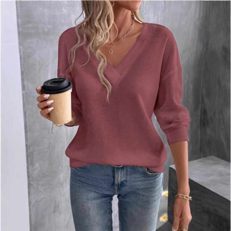 Amazon 2024 Primăvara și Toamna Comerț Exterior Transfrontalier Europa și Statele Unite Leisure Lejer Culoare Solidă Waffled V-Neck Tricou cu Mânecă Lungă pentru Femei
